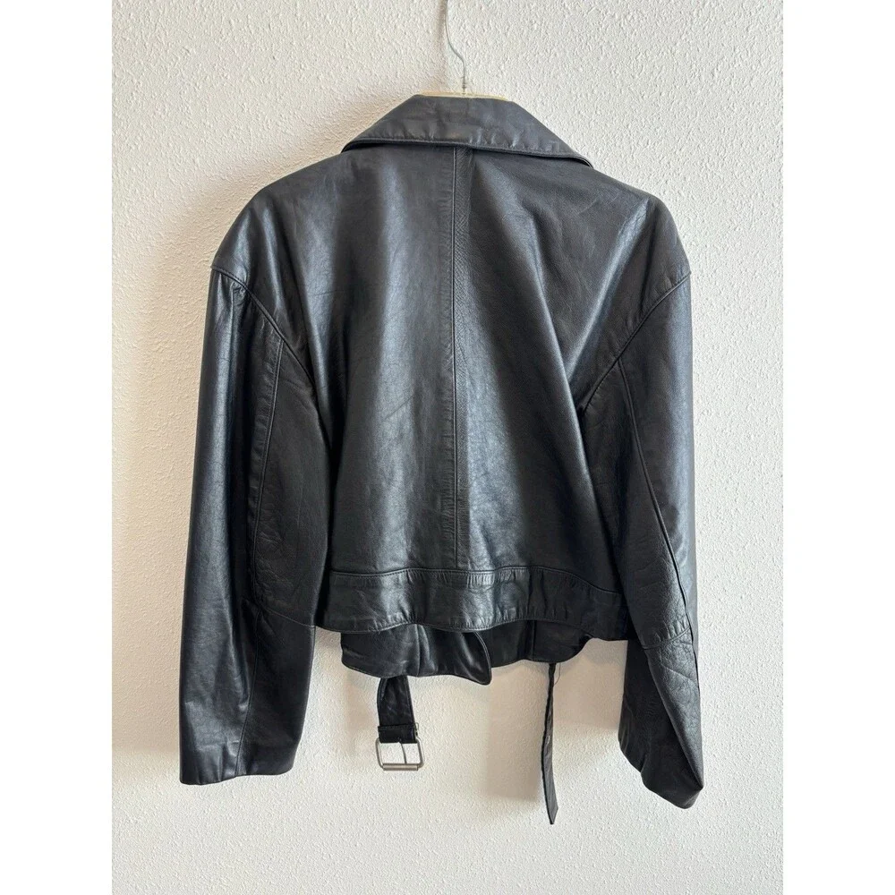 VTG Phoenix USA Leather Motorcycle Jacket Black Cropped Belted Moto 90s‎ M